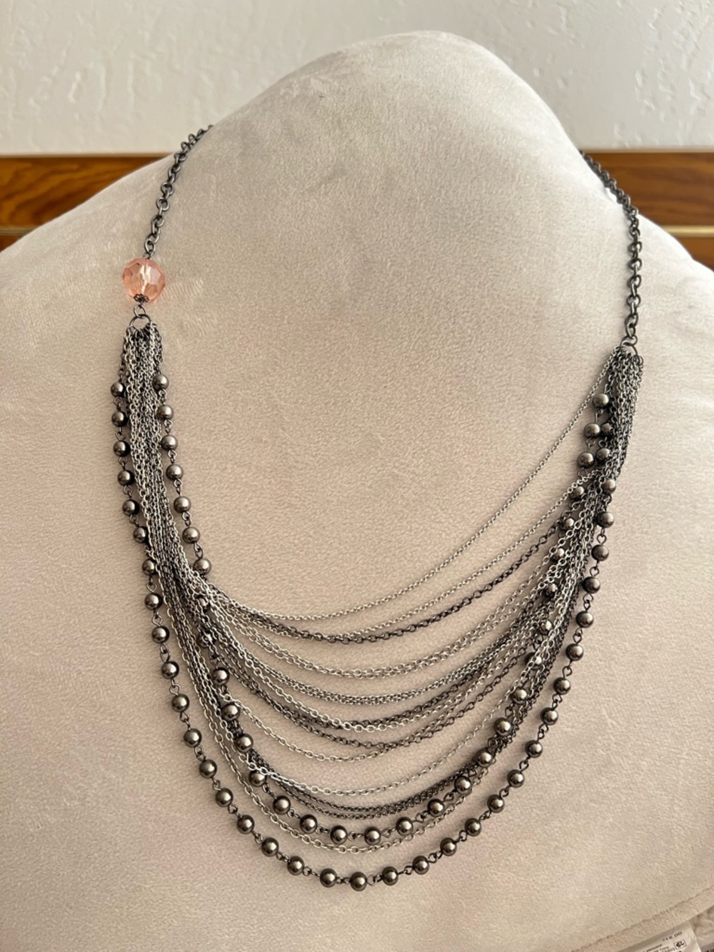 Edgy Sweet Grunge Multi-Strand Gunmetal Layered Necklace with Pink Accent Bead